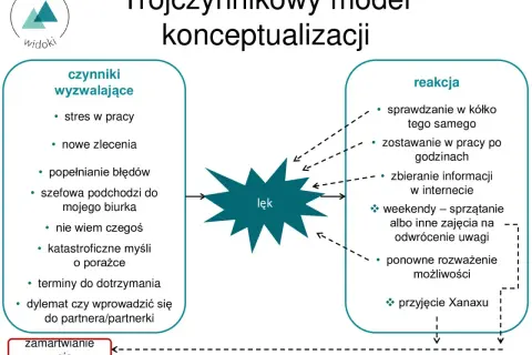 Diagram przedstawiający trójczynnikowy model konceptualizacji przypadku z czynnikami wyzwalającymi, lękiem i reakcją.