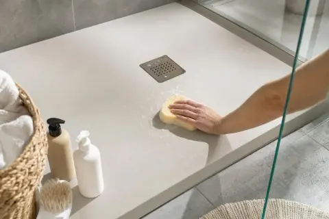 Main d'une personne nettoyant un receveur de douche à éviter avec une éponge. Panier de serviettes et bouteilles de savon à proximité.
