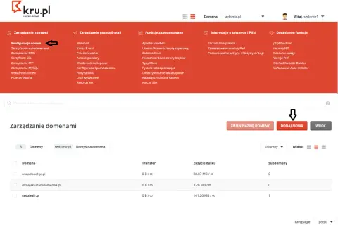 Panel administracyjny kru.pl, sekcja Zarządzanie domenami. Widoczny przycisk "DODAJ NOWĄ" do wyszukiwania domen.