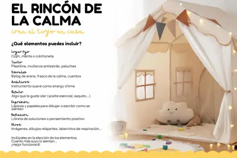 Tienda infantil decorada con luces y guirnaldas, creando un rincón de la calma con cojines, juguetes y elementos sensoriales.