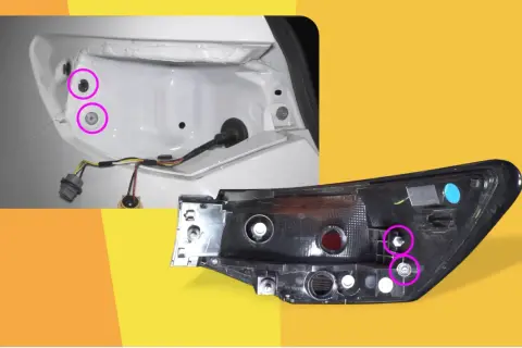 Nissan Note wymiana żarówki tył. Pokazano demontaż lampy tylnej, zaznaczone śruby mocujące.