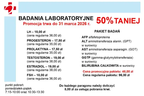 Grafika z promocją badań laboratoryjnych: 50% taniej, lista badań i ceny.