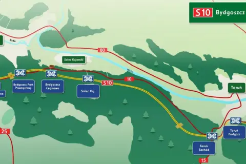 Mapa drogowa S10 Bydgoszcz - Toruń. Pokazuje węzły drogowe, MOPy i obwody utrzymania drogi między Bydgoszczą a Toruniem.