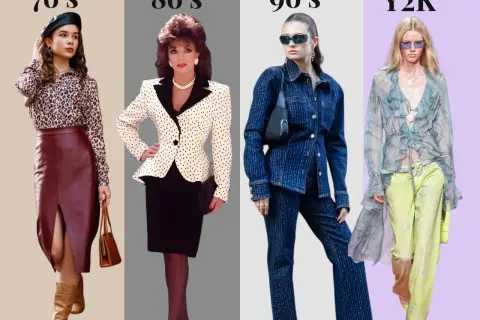 Moda lat 70., 80., 90. i Y2K. Od panterki i skórzanej spódnicy, przez grochy, po denim i zwiewne tkaniny. Inspiracje z epoki PRL i nie tylko.