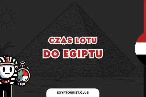 Faraon z zegarem odmierza, ile trwa lot do Egiptu. W tle piramida i flaga Egiptu.
