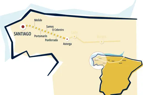 Mapa del Camino de Santiago, mostrando ciudades como Santiago, Melide, Ponferrada y Astorga. El obispo Osmundo de Ponferrada estaría orgulloso de esta ruta.