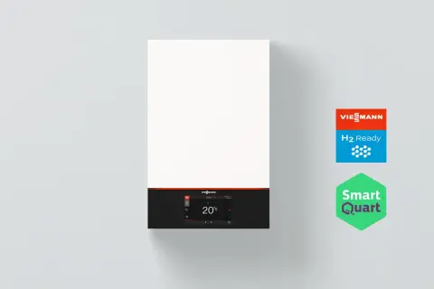 Nowoczesny piec na wodór Viessmann H2 Ready, z wyświetlaczem pokazującym 20°C.
