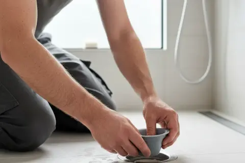 Un homme nettoie le siphon de douche pour éliminer l'odeur de canalisation.