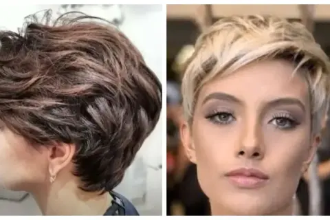 Dwie kobiety z krótkimi, stylowymi fryzurami. Jedna ma ciemne, falowane włosy do ucha proste, druga blond, zaczesane do góry.
