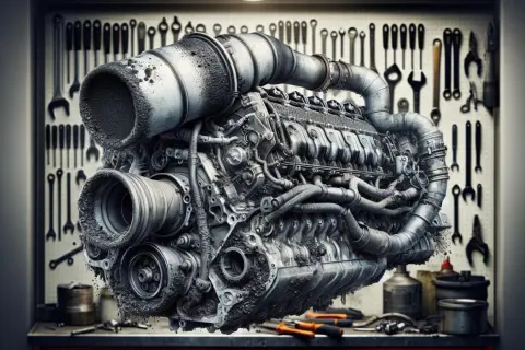 Gros moteur de voiture couvert de poussière, peut-être un symptôme catalyseur HS essence. Outils de mécanique en arrière-plan.