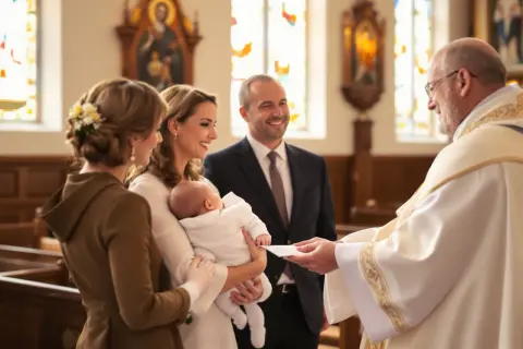 Rodzina z dzieckiem podczas ceremonii chrztu w kościele.