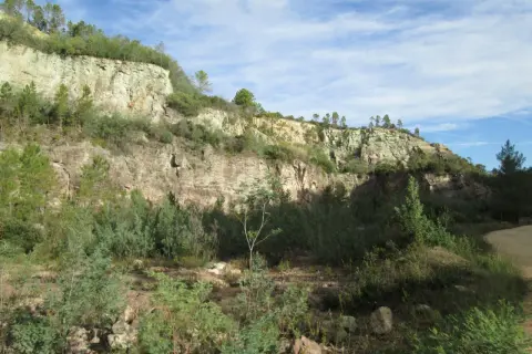 Falaises rocheuses verdoyantes sous un ciel bleu, évoquant le **Puy de Naouri**. Végétation dense au premier plan.