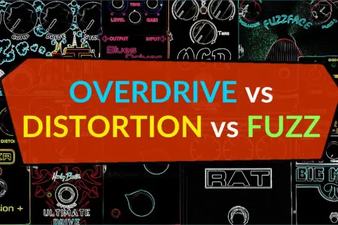 Gitarreneffekte: Overdrive, Distortion und Fuzz. Viele Pedale wie der Big Muff und der RAT sind zu sehen.