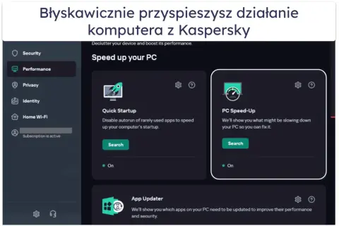 Interfejs Kaspersky Free pokazuje opcje przyspieszania komputera, takie jak Quick Startup i PC Speed-Up.