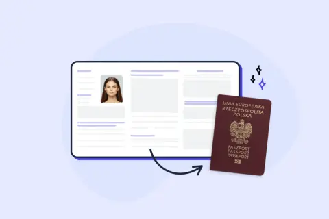 Elektroniczny dokument z danymi i zdjęciem, obok polski paszport. Idealny do podróży, nawet dla dziecka.