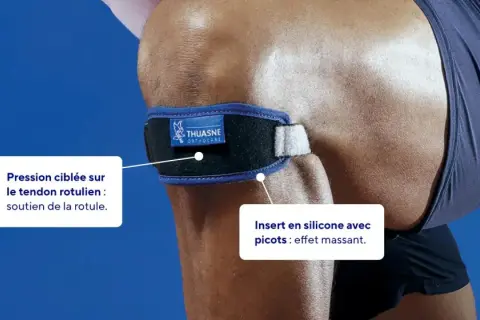 Strap genoux tuto : ce bandeau Thuasne offre un soutien rotulien avec pression ciblée et insert silicone massant.