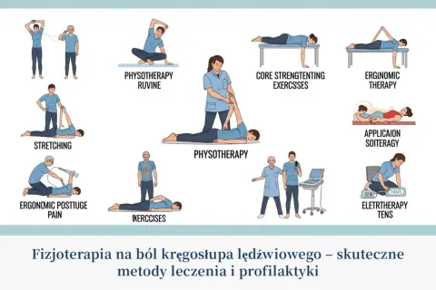 Ilustracje pokazują różne ćwiczenia po złamaniu kręgosłupa lędźwiowego: fizjoterapię, ćwiczenia wzmacniające core, rozciąganie, terapię TENS.