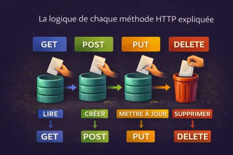 GET pour lire, POST pour créer, PUT pour mettre à jour, DELETE pour supprimer. Les méthodes HTTP expliquées.
