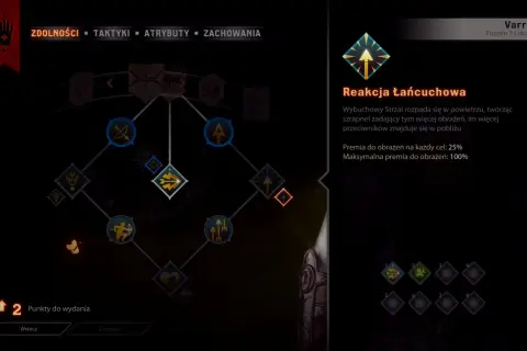 Drzewko umiejętności Varrika w Dragon Age Inkwizycja. "Reakcja Łańcuchowa" zadaje więcej obrażeń, im więcej wrogów w pobliżu.