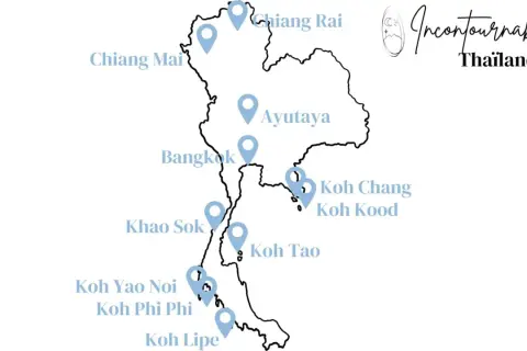 Carte des incontournables en Thaïlande : Chiang Mai, Ayutthaya, Bangkok, Koh Chang, Koh Kood, Koh Tao, Khao Sok, Koh Yao Noi, Koh Phi Phi, Koh Lipe. Idées pour savoir que faire en Thaïlande.