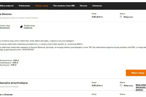 Szczegóły usługi "moja poczta głosowa" - koszt, status wyłączony, opis funkcji.