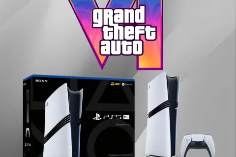 Logo GTA 6 nad konsolą PlayStation 5 Pro i padem. Marzenie o grze gta 6 na ps5 staje się bliższe.
