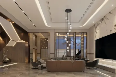 Nowoczesna lampa wisząca z białymi kulami oświetla elegancki salon z marmurową ścianą i wygodną kanapą.