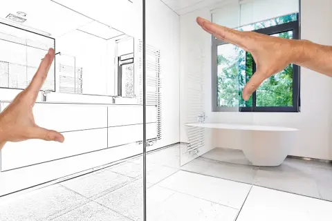 Plan d'une salle de bain moderne avec baignoire îlot et douche sans porte.