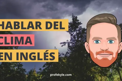 Aprende vocabulario del tiempo en inglés. El cielo está nublado con relámpagos, árboles y un personaje animado.