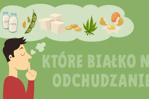 Mężczyzna zastanawia się, co daje białko w proszku na odchudzanie, myśląc o mleku, soi, tofu, nasionach, konopi i jajkach.
