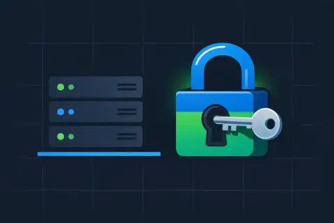 Verrou bleu et vert avec une clé, à côté de serveurs. Illustration pour générer une clé SSH sur Ubuntu.