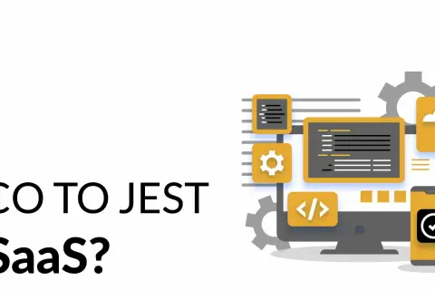 CO TO JEST SaaS? Ikony symbolizują chmurę, kod, ustawienia i telefon, ilustrując działanie usług w chmurze.
