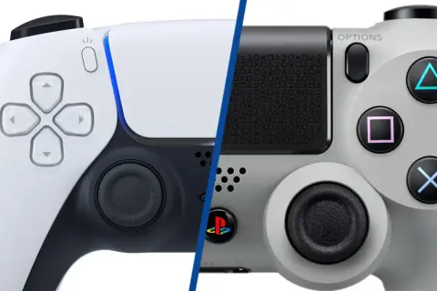 Porównanie kontrolerów DualSense (PS5) i DualShock 4 (PS4) na białym tle.