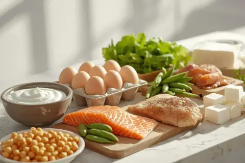 Zdrowe produkty bogate w białko: łosoś, kurczak, jajka, jogurt, ciecierzyca, fasolka, ser. Idealne składniki na dietę wysokobiałkową dla chorych.