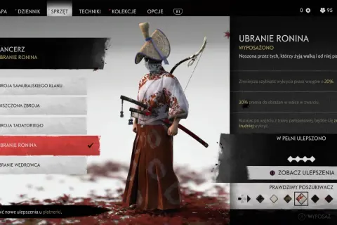 Ghost of Tsushima - poradnik: Ubranie Ronina, które zwiększa szybkość wykrycia i obrażenia w zwarciu.