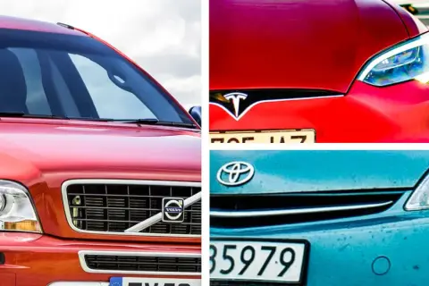 Volvo, Tesla och Toyota – tre av de mest pålitliga bilarna. Bilden visar närbilder på fronten av dessa bilar.
