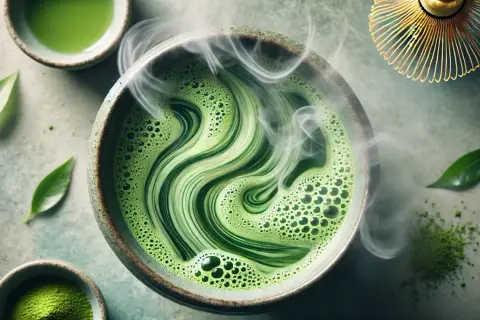 Parująca, zielona matcha w miseczce, z pianką tworzącą wzory. To właśnie taka herbata pobudza, idealna na początek dnia.
