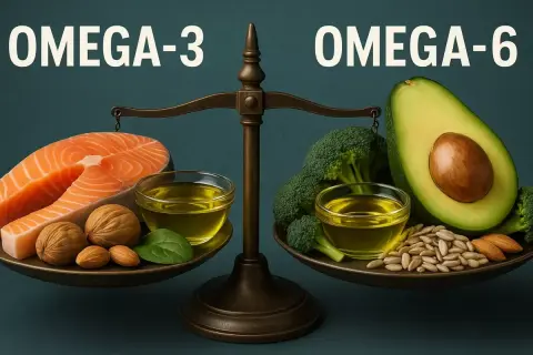 W czym jest omega 3? Na wadze z łososiem, orzechami i oliwą po lewej, a po prawej awokado, brokuły i nasiona.