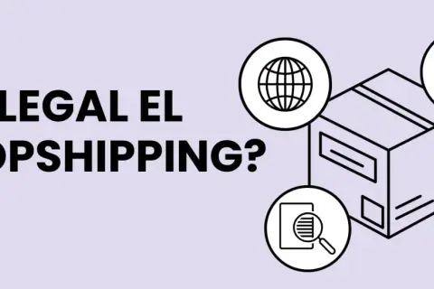 ¿Es legal el dropshipping? Iconos de globo terráqueo, lupa y camión rodean una caja, ilustrando el comercio electrónico global y la logística.