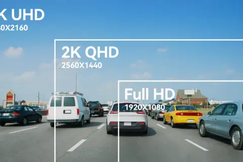 Porównanie rozdzielczości: 4K UHD, 2K QHD i Full HD na tle ruchu ulicznego.