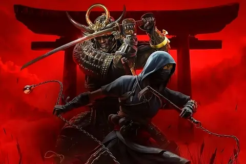 Samuraj i ninja w akcji, zapowiadający Assassin's Creed Shadows. Czerwone tło i torii tworzą mroczną atmosferę.