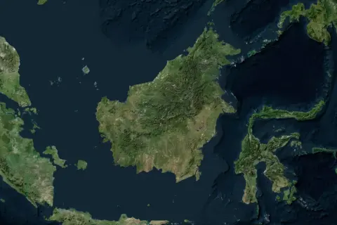 Widok satelitarny Borneo, z zaznaczonymi terenami zielonymi i wodami. Widać fragmenty Malezji i Indonezji, idealne do planowania podróży, w tym lotnisko na Borneo.