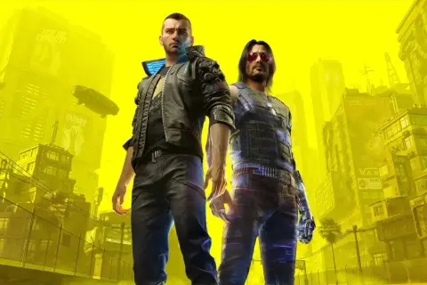Dwóch mężczyzn w futurystycznych strojach na tle żółtego miasta. To grafika promująca Cyberpunk 2077, być może zapowiadająca nowe trofea.