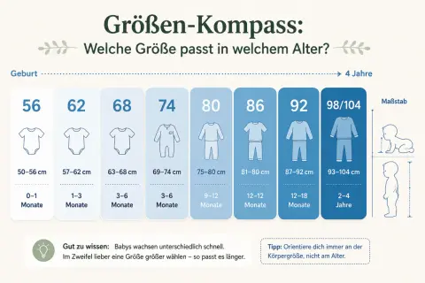 Größenkompass: 86/92 passt für 12-18 Monate. Orientierung an Körpergröße statt Alter.