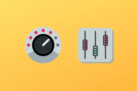 Regler für Gain und Lautstärke. Ein Drehregler und zwei Schieberegler zeigen die Einstellung von Gain vs. Volume.