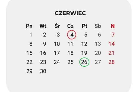 Kalendarz Czerwiec. 26 czerwca, zielonym kółkiem zaznaczony, to idealny dzień, kiedy kończy się rok szkolny i zaczynają wakacje.