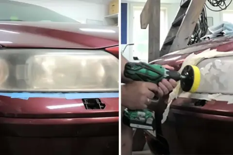 Split image showing a car headlight before and during polishing with a drill and buffing pad.