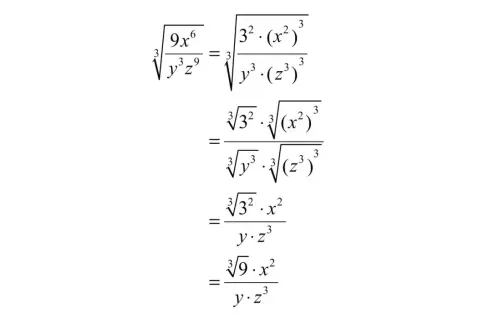 Matematyczne działania na pierwiastkach, upraszczające wyrażenie z potęgami i pierwiastkami sześciennymi.