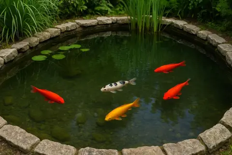 Cinq poissons de bassin, dont trois rouges vifs, un blanc et noir, et un doré, nagent dans un étang verdoyant bordé de pierres.