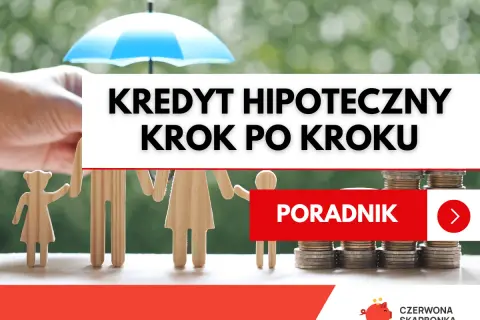 Drewniane figurki rodziny pod parasolem, stosy monet i napis "Kredyt hipoteczny krok po kroku".
